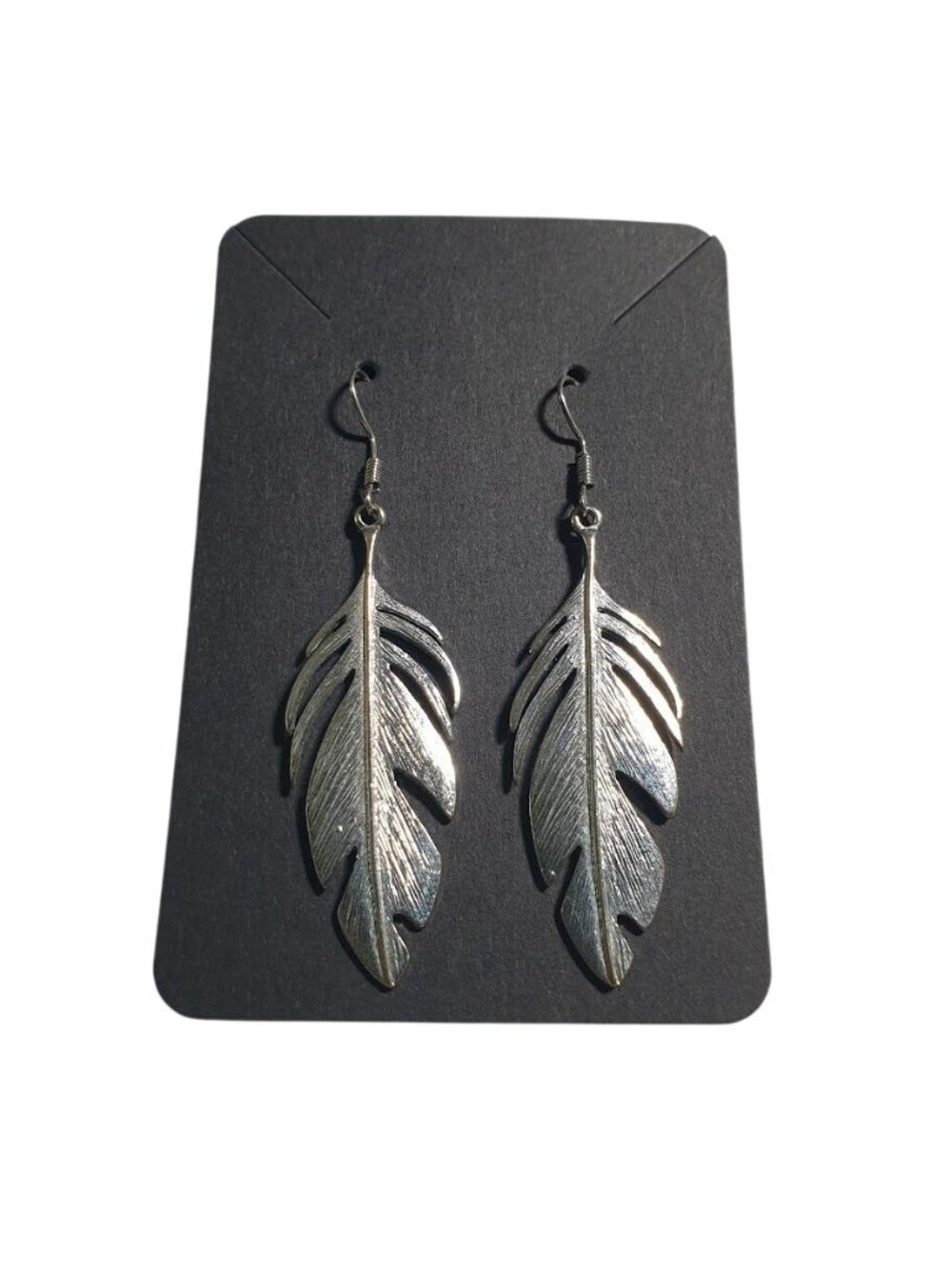 Silver Tone Feather Dangle Hook Earrings Lightweight Textured Boho Jewelry Pair